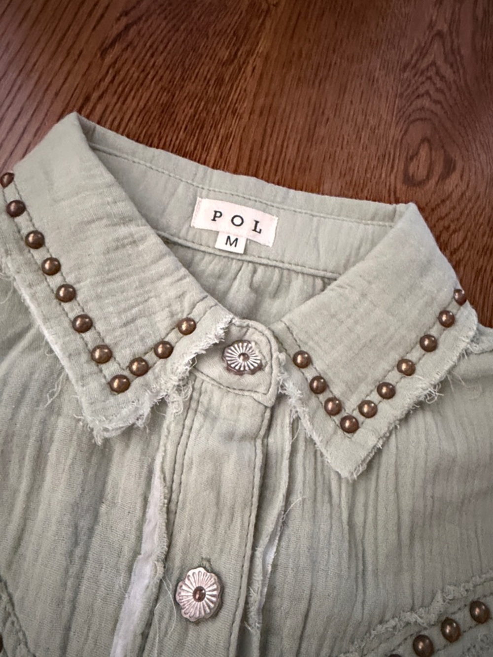 POL Mint Green gauze Studded Button-Up Shirt medium - Picture 9 of 13